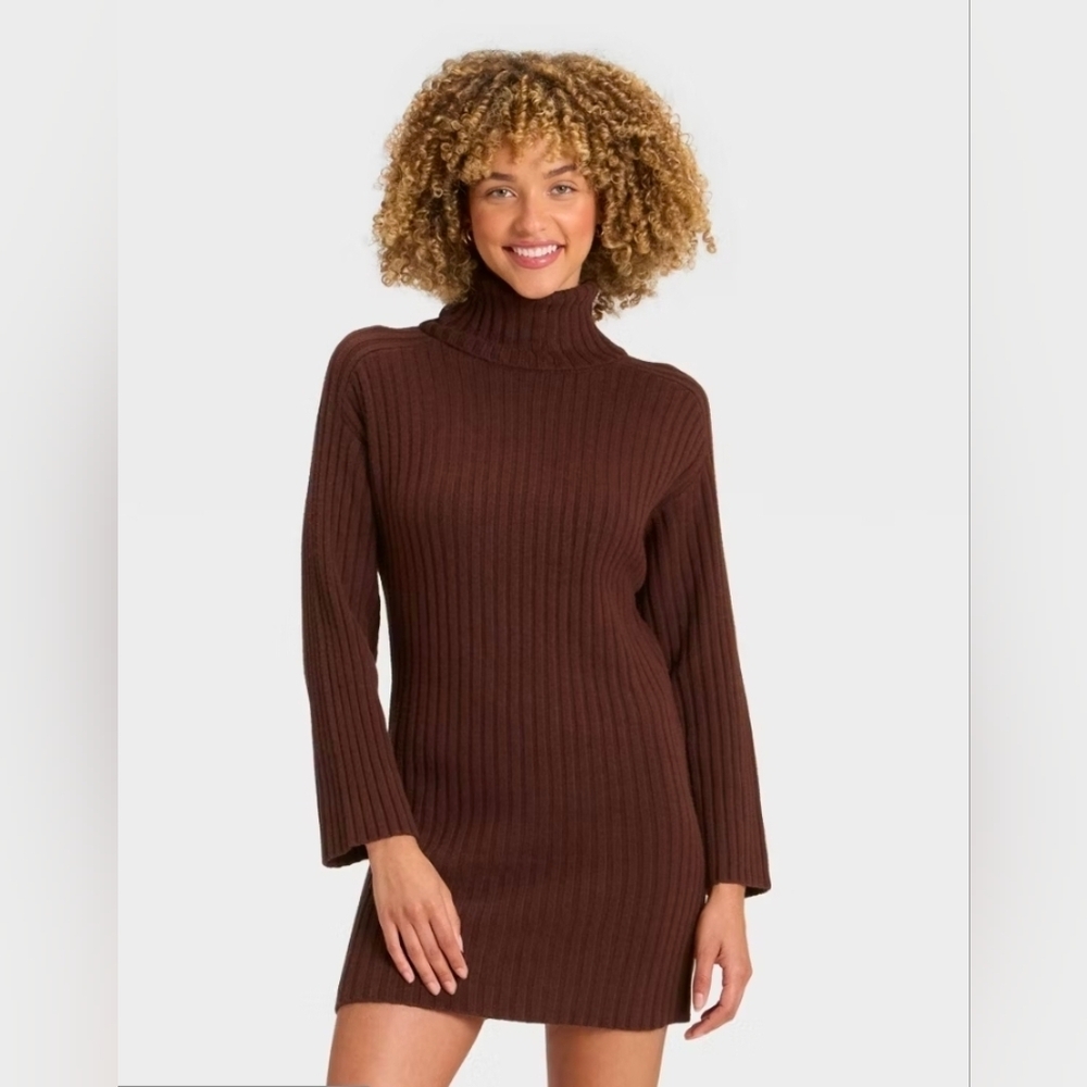 A New Day Brown Ribbed Turtleneck Sweater Mini Dress